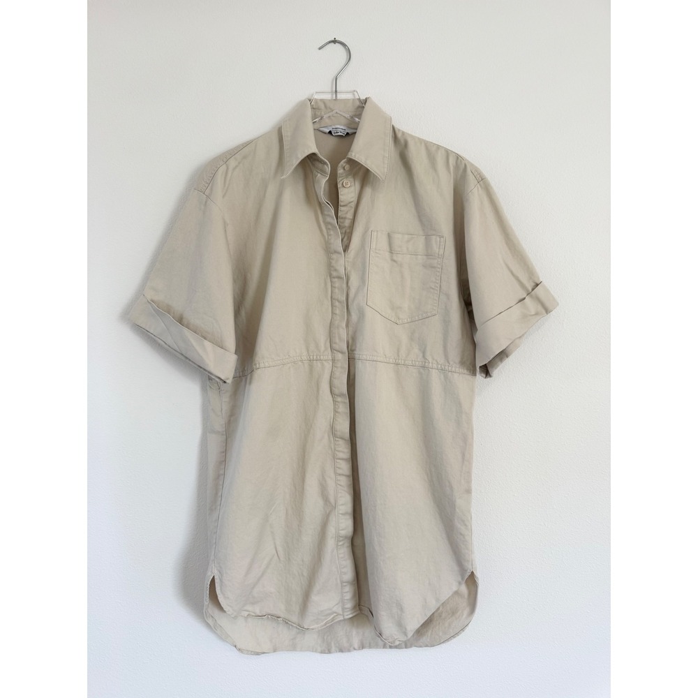 & Other Stories | Tan Linen Blend Button Front Short Sleeve Dress